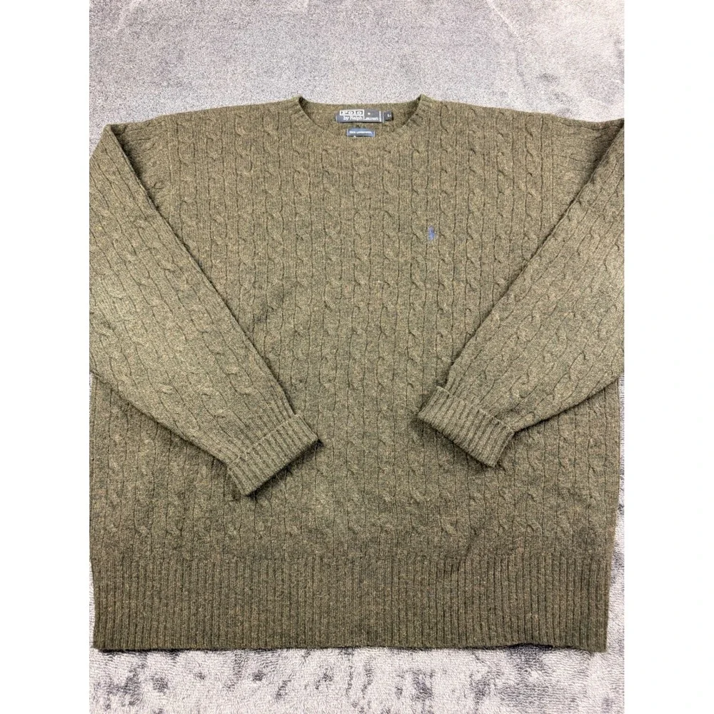 Polo Ralph Lauren Cable Knit Sweater Mens Large Green 100% Lambswool Crewneck
